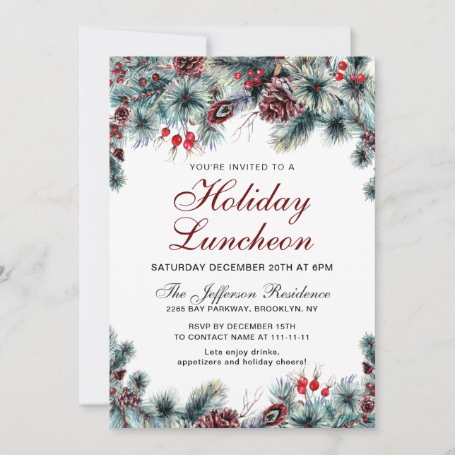 Watercolor Pine Cones Branch Holiday Luncheon Invitation (Front)