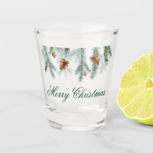 Watercolor Pine Cones Greenery Merry Christmas Shot Glass