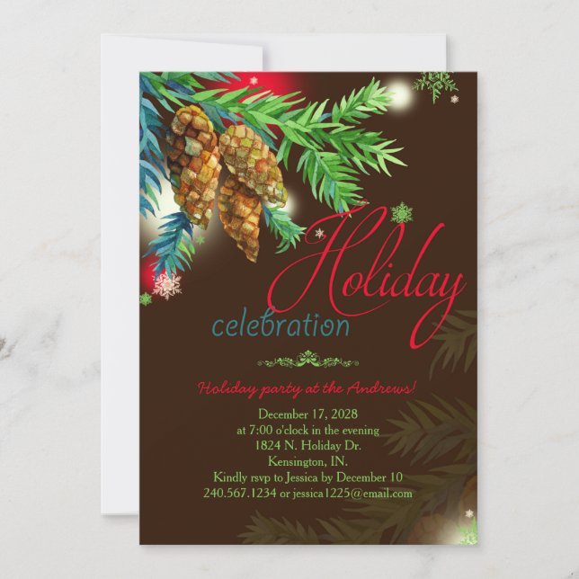 Watercolor Pine Cones Holiday Party Invitation (Front)