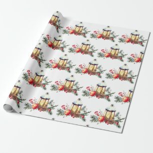 Watercolor Pine Cones Orange Christmas Lantern Wrapping Paper