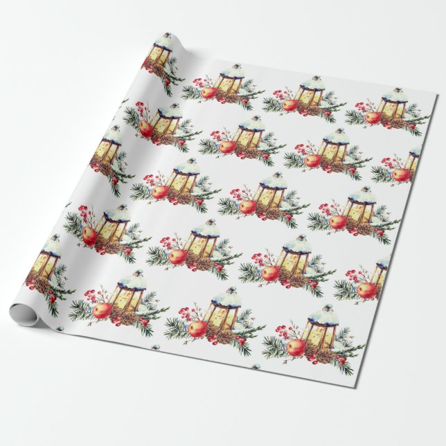 Watercolor Pine Cones Orange Christmas Lantern Wrapping Paper (Unrolled)
