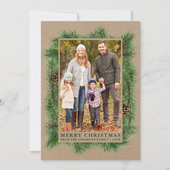 Watercolor Pine Family Photo Kraft Green Holiday Card (Front)