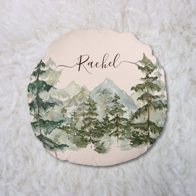 Watercolor Pine Forest and mountain Aesthetic Round Cushion (In situ on rug)