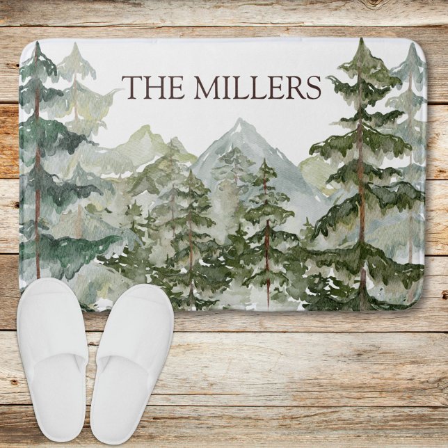 Watercolor Pine Forest and Mountain Rustic Bath Mat (In situ)