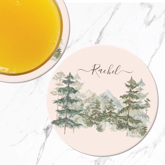 Watercolor Pine Forest and mountain Rustic Coaster (In situ)