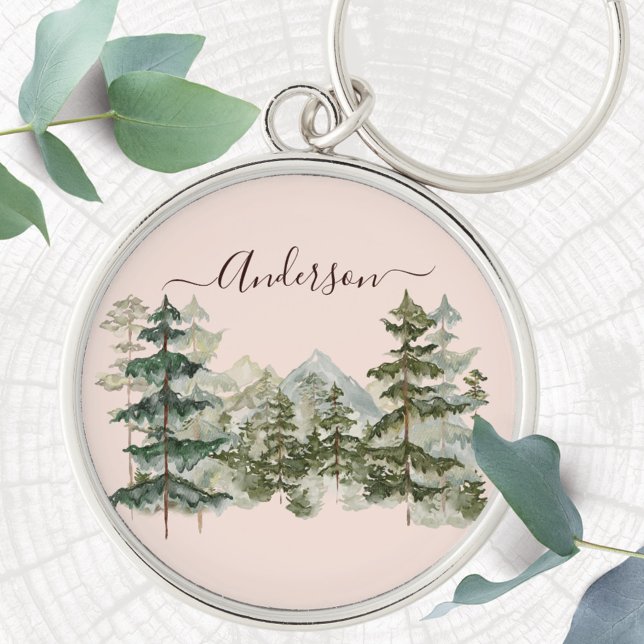 Watercolor Pine Forest and mountain Rustic Key Ring (Close up)