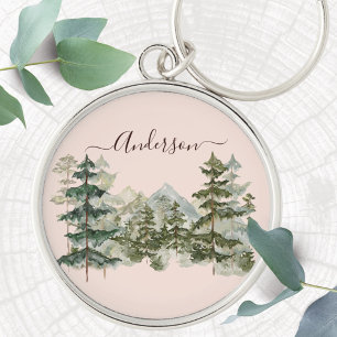 Watercolor Pine Forest and mountain Rustic Key Ring