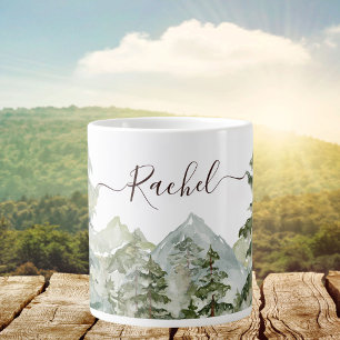 Watercolor Pine Forest and mountain Rustic Large Coffee Mug