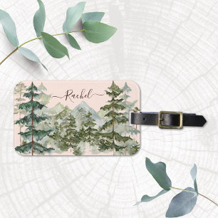 Watercolor Pine Forest and Mountain Rustic Luggage Tag
