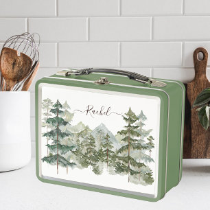 Watercolor Pine Forest and mountain Rustic Metal Lunch Box