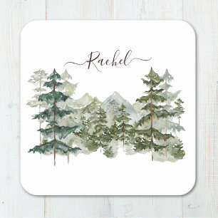 Watercolor Pine Forest and mountain Rustic Square Paper Coaster