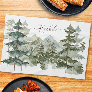 Watercolor Pine Forest and mountain Rustic Tea Towel