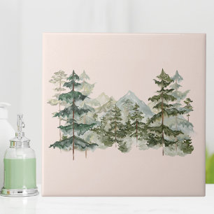 Watercolor Pine Forest and mountain Rustic Tile