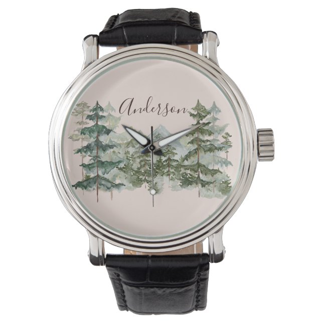 Watercolor Pine Forest and mountain Rustic Watch (Front)