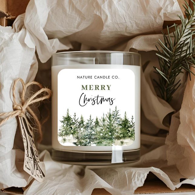 Watercolor Pine Forest Merry Christmas Candle  Square Sticker (Creator Uploaded)