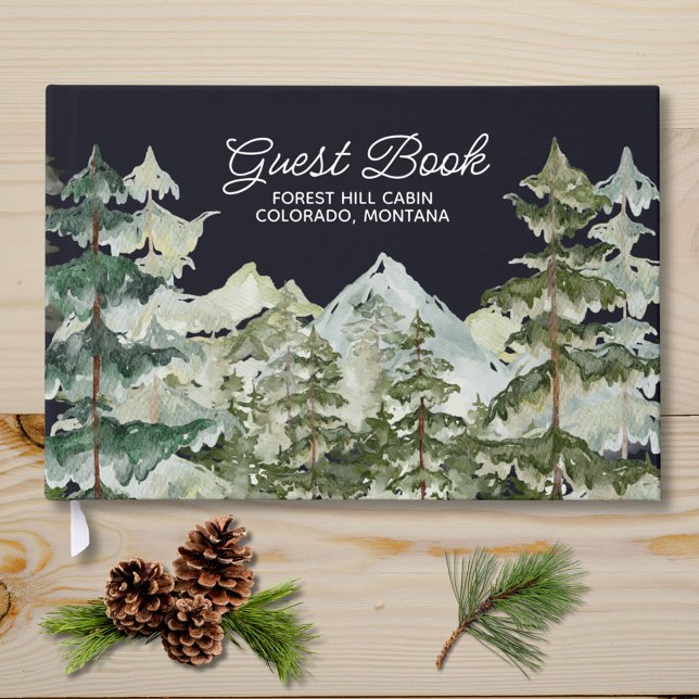 Watercolor Pine Forest Mountain Rustic Guest Book (Close up)
