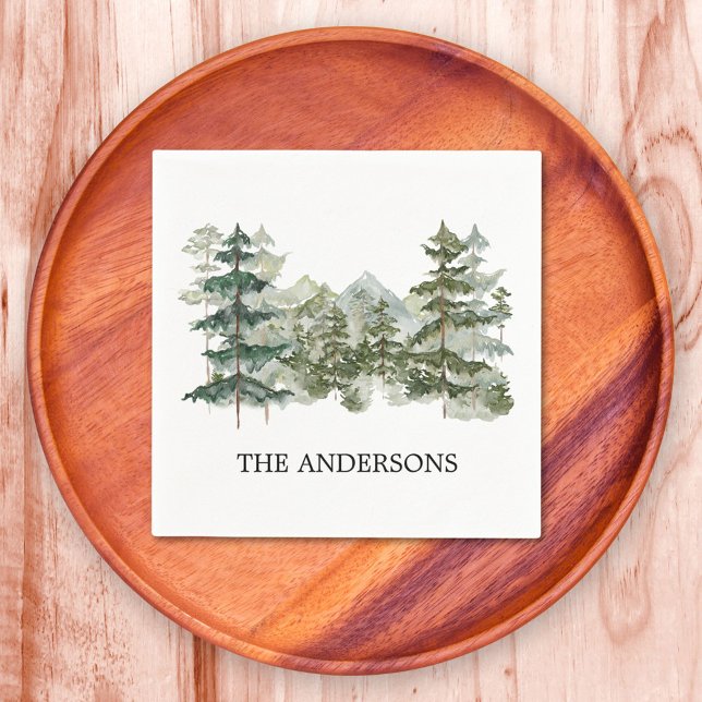 Watercolor Pine Forest & Mountain Rustic Napkin (In situ)