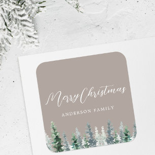 Watercolor Pine Forest on Brown Christmas Gift Square Sticker