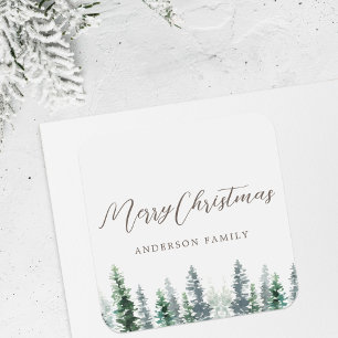 Watercolor Pine Forest on Grey Christmas Gift Square Sticker