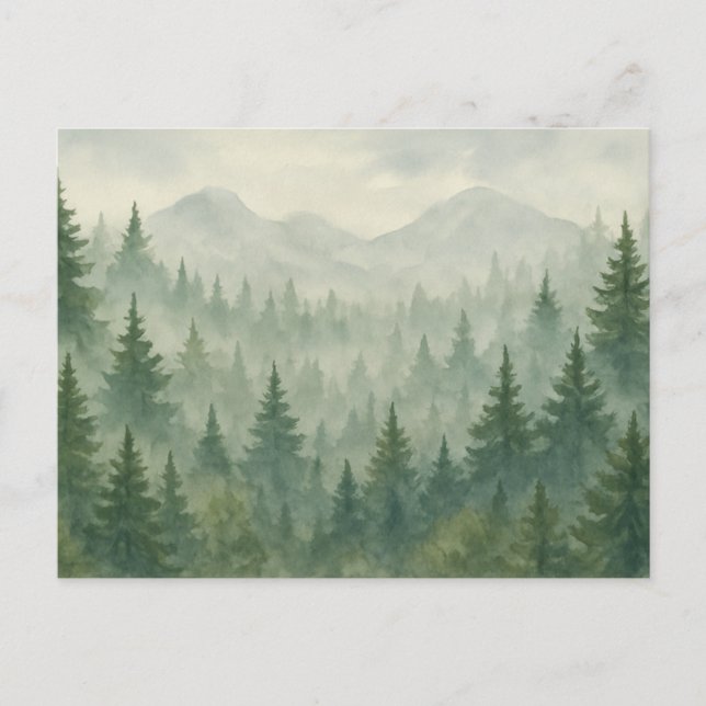 Watercolor Pine Forest Postcard – Green Mountain (Front)