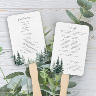Watercolor pine forest wedding program hand fan
