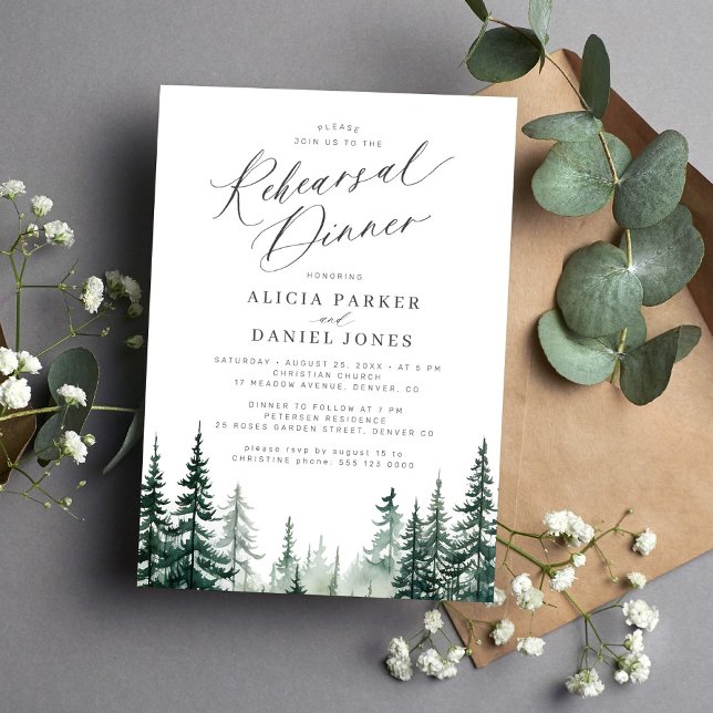 Watercolor pine forest wedding rehearsal dinner invitation (Creator Uploaded)