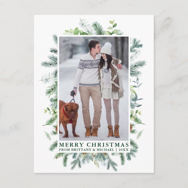 Watercolor Pine Frame Couple Christmas Green Postcard (Front)