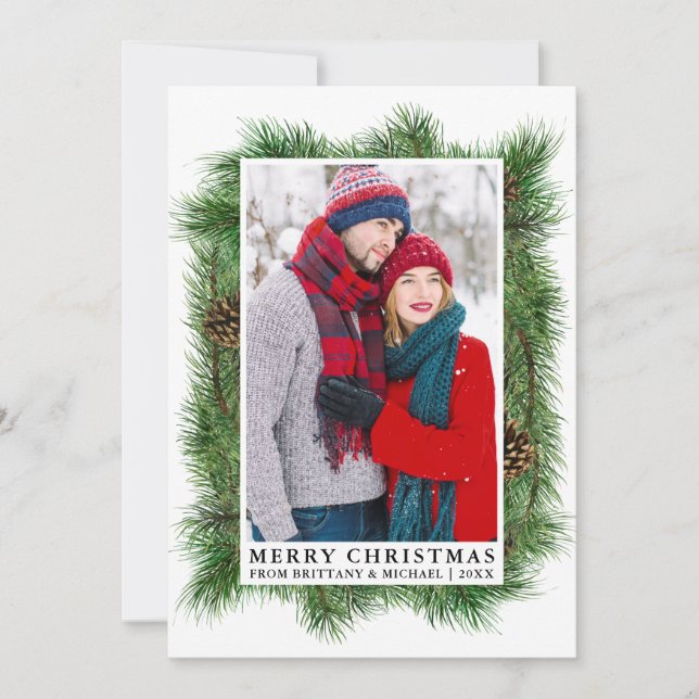 Watercolor Pine Frame Couple Photo Holiday Card (Front)