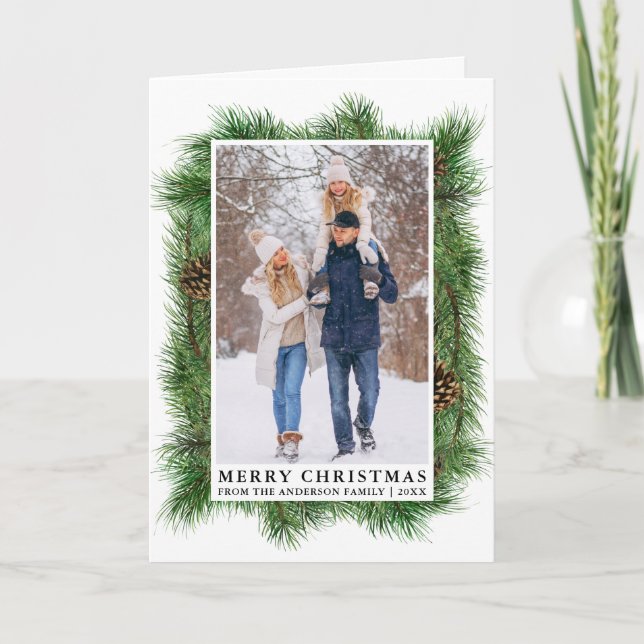 Watercolor Pine Frame Family Photo Fold Holiday Card (Front)