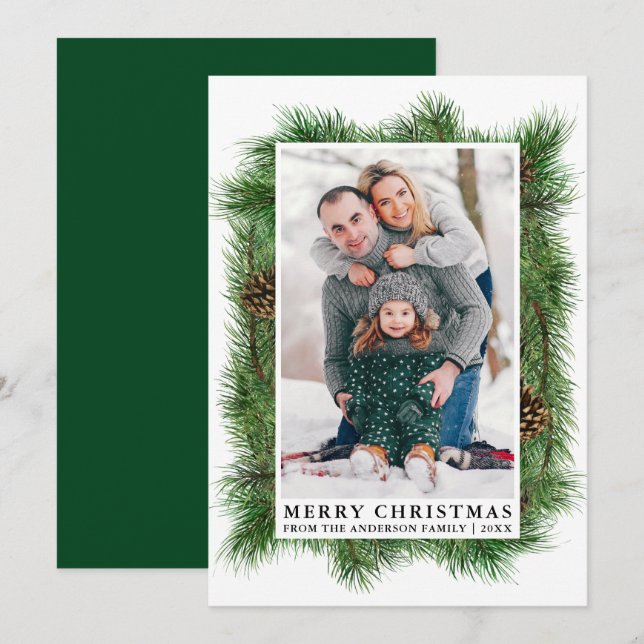 Watercolor Pine Frame Family Photo Green Holiday Card (Front/Back)