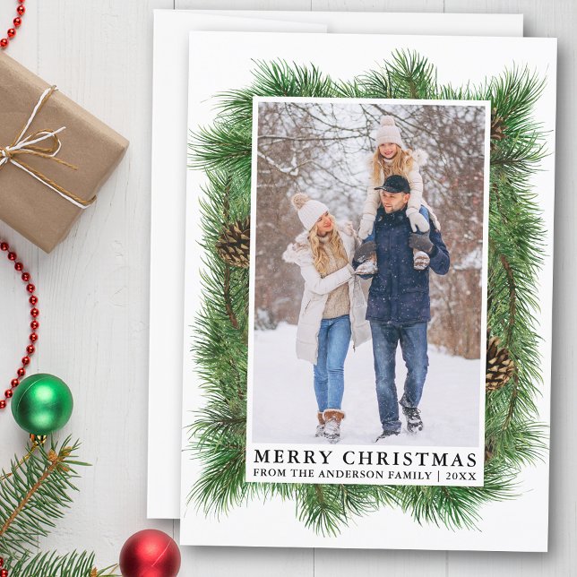 Watercolor Pine Frame Family Photo Holiday Card (Customize to change text size or text style.)