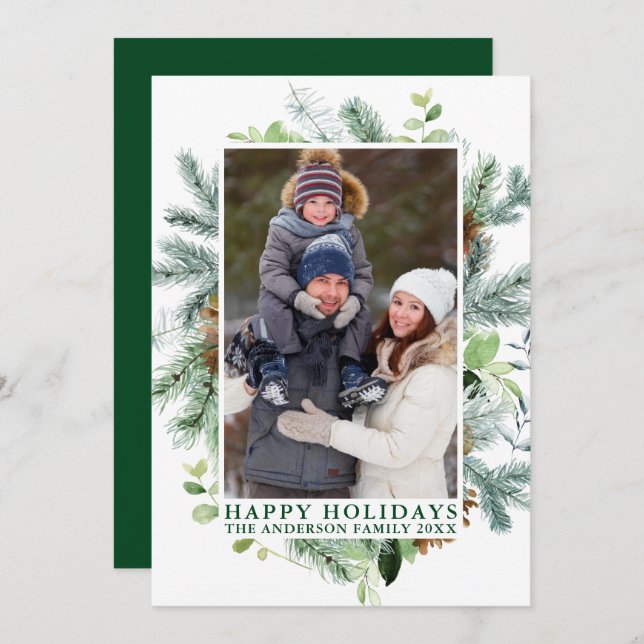 Watercolor Pine Frame Green Happy Holidays Holiday Card (Front/Back)
