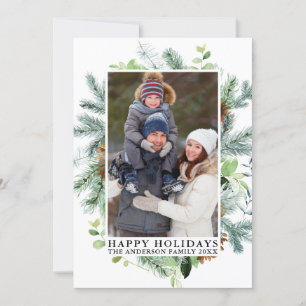 Watercolor Pine Frame Happy Holidays Photo Holiday Card