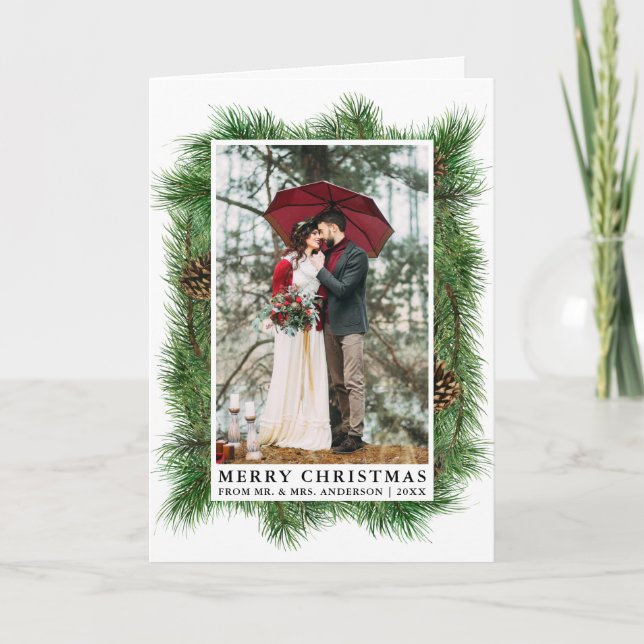 Watercolor Pine Frame Wedding Photo Fold Holiday Card (Front)