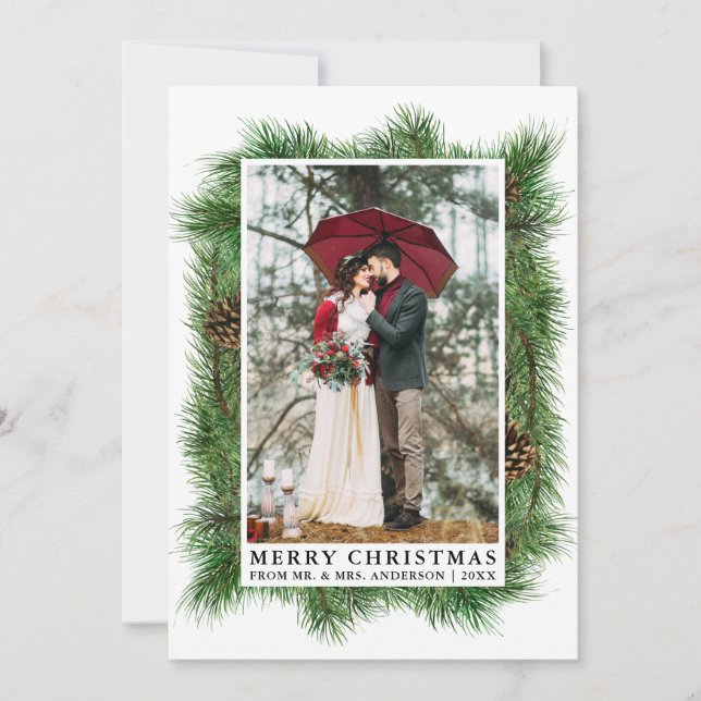 Watercolor Pine Frame Wedding Photo Holiday Card (Front)