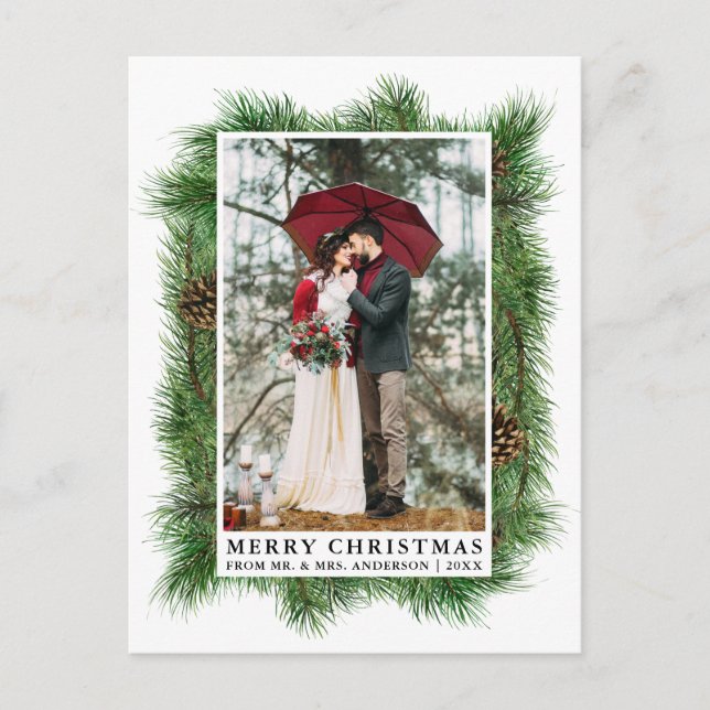 Watercolor Pine Frame Wedding Photo Holiday Postcard (Front)