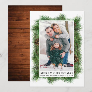 Watercolor Pine Frame Wood Family Photo Holiday Card