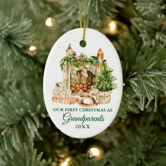 Watercolor Pine Grandparents First Christmas Ceramic Tree Decoration (Tree)