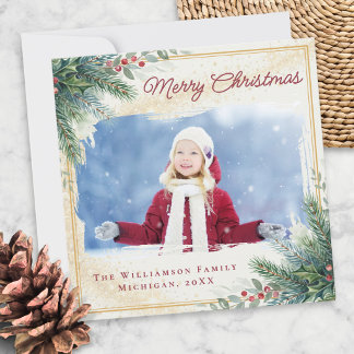 Watercolor Pine Greenery Merry Christmas Photo Holiday Card
