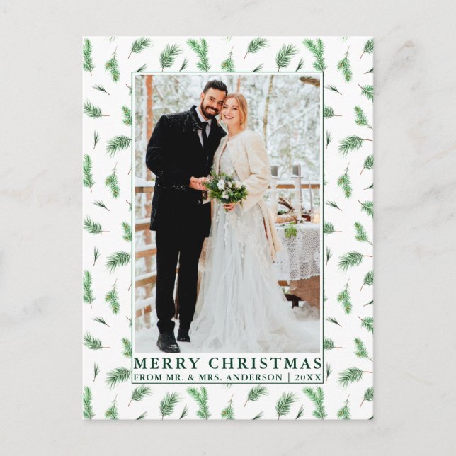 Watercolor Pine Greenery Newlywed Christmas Postcard (Front)