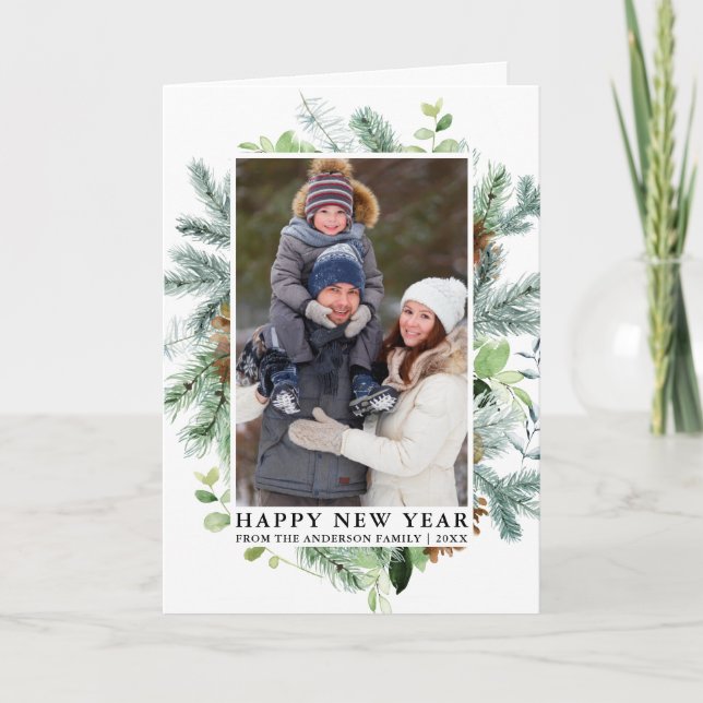 Watercolor Pine Greenery Photo Happy New Year Holiday Card (Front)