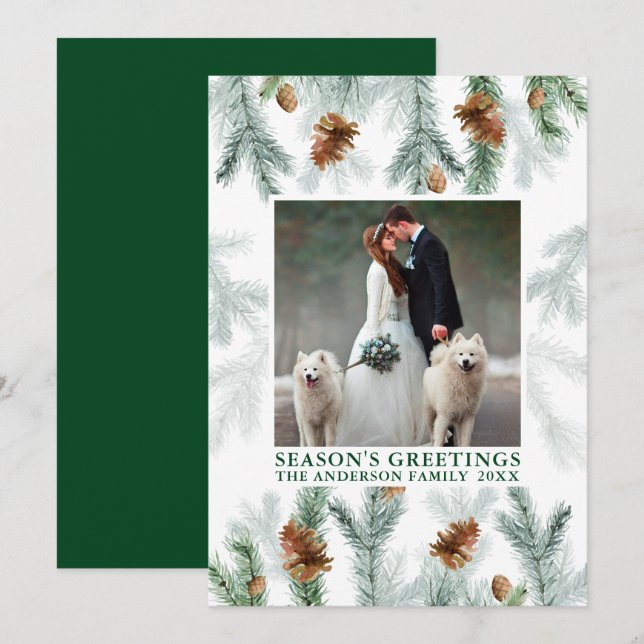 Watercolor Pine Greenery Season's Greetings Photo Holiday Card (Front/Back)