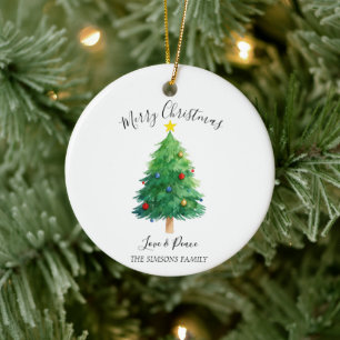 Watercolor Pine Merry Christmas Tree Ceramic Tree Decoration