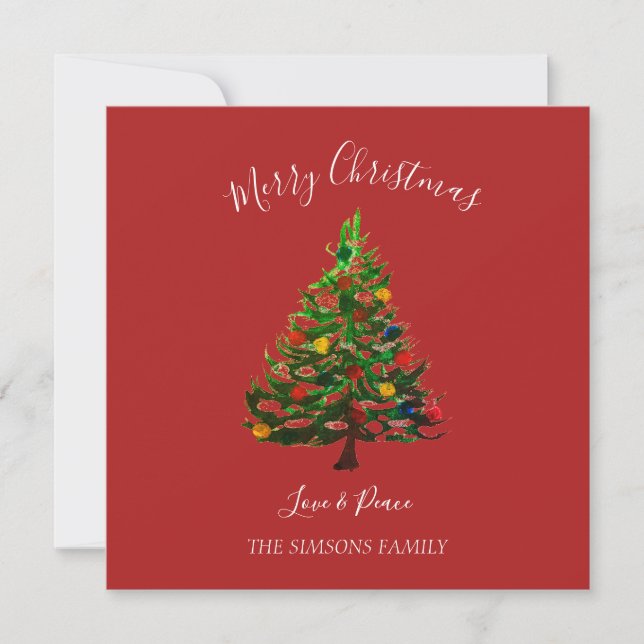 Watercolor Pine Merry Christmas Tree  Holiday Card (Front)
