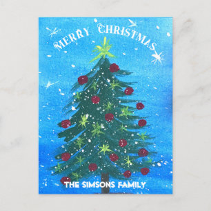 Watercolor Pine Merry Christmas Tree Holiday Postcard