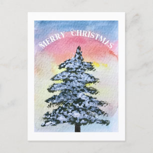Watercolor Pine Merry Christmas Tree Holiday Postcard