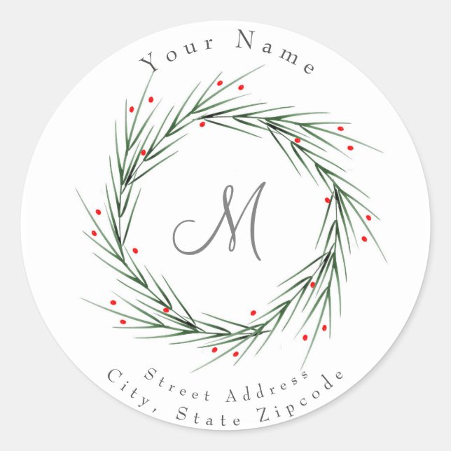Watercolor Pine Needles and Berries Wreath Classic Round Sticker (Front)