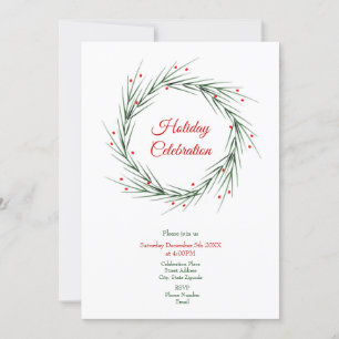 Watercolor Pine Needles and Berries Wreath Invitation