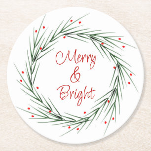 Watercolor Pine Needles and Berries Wreath Round Paper Coaster