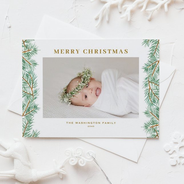 Watercolor Pine Needles Garland Merry Christmas Holiday Card (Watercolor Pine Needles Garland Photo Merry Christmas Card)